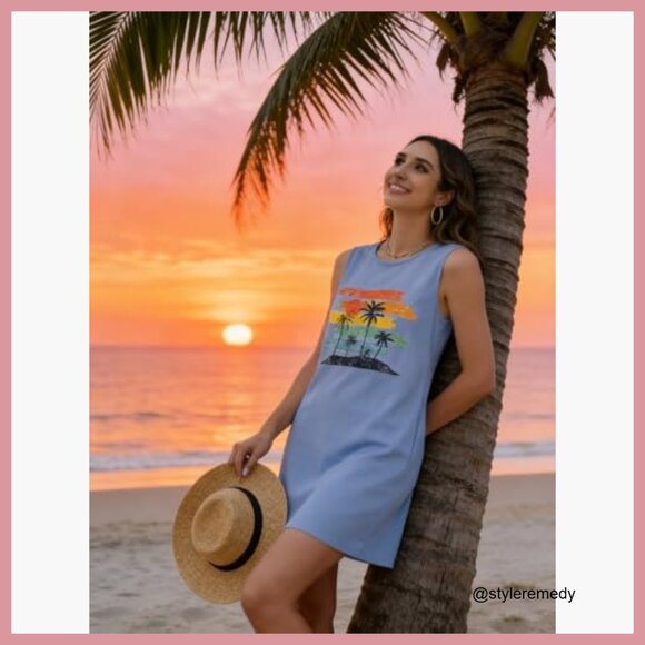 Cotton Blend Tank Sundress Casual Beach Vacation Dress - Picture 5 of 5